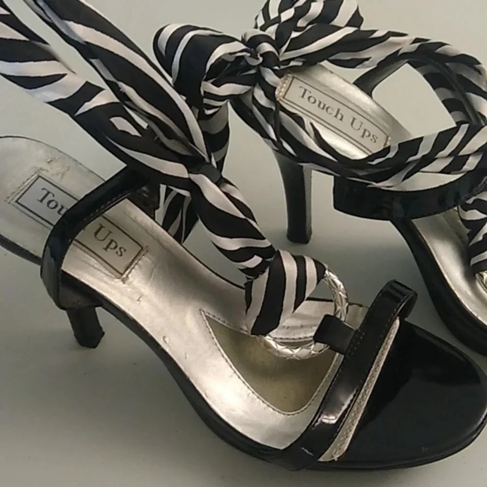 Touch Ups Black patent, ankle bow tie, silver, front platform heeled shoe